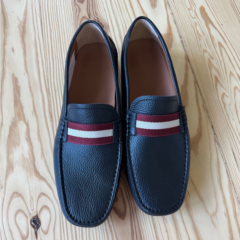 Bally Black Leather Loafers with Burgundy & White Stripe